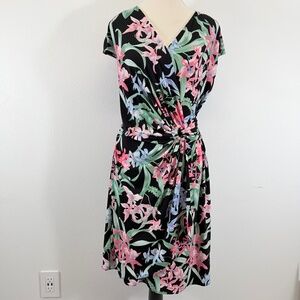 Tommy Bahama Tropical Floral Cap Sleeve Faux Wrap Deep V Dress M Cruise Resort